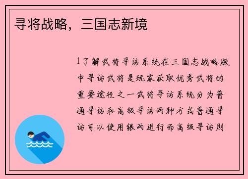 寻将战略,三国志新境