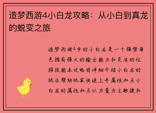 造梦西游4小白龙攻略：从小白到真龙的蜕变之旅