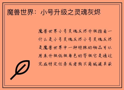 魔兽世界：小号升级之灵魂灰烬