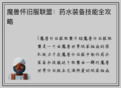 魔兽怀旧服联盟：药水装备技能全攻略